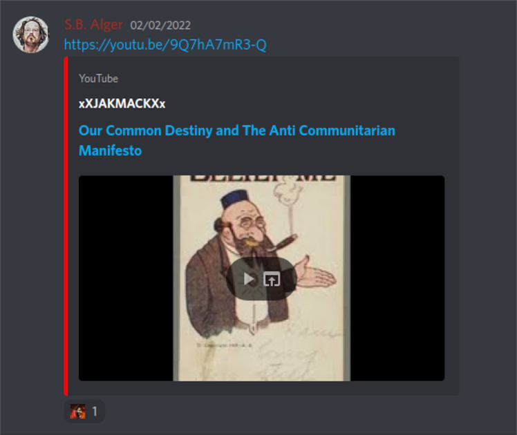 From S. B. Alger Rx Only Picture Show Discord Server:  S.B. Alger 02/02/2022:  https://youtu.be/9Q7hA7mR3-Q YouTube  XXJAKMACKXX  Our Common Destiny and The Anti Communitarian Manifesto  1